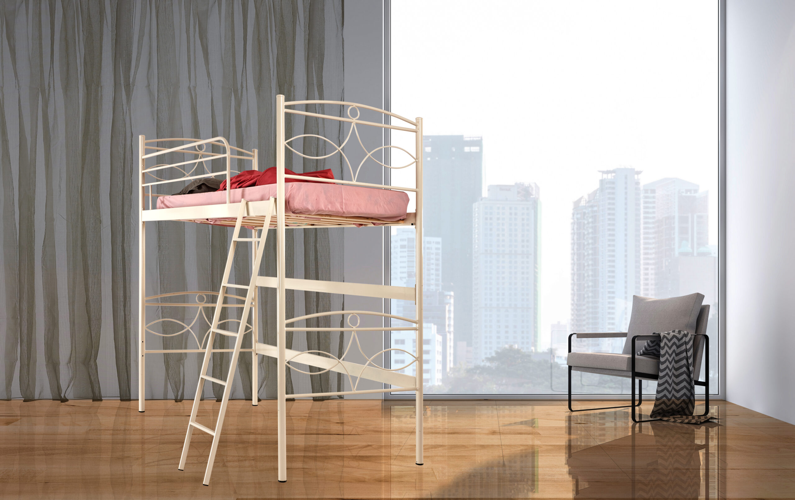 Minimal white bedroom with city view 3d render Κουκέτα Biron Νο 36 - Image 1